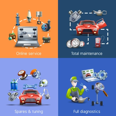 Car maintenance and service cartoon icons set with spares and diagnostics isolated vector illustration