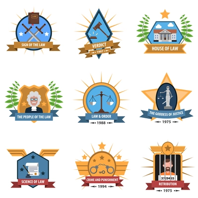 Law and quality legal service label set isolated vector illustration