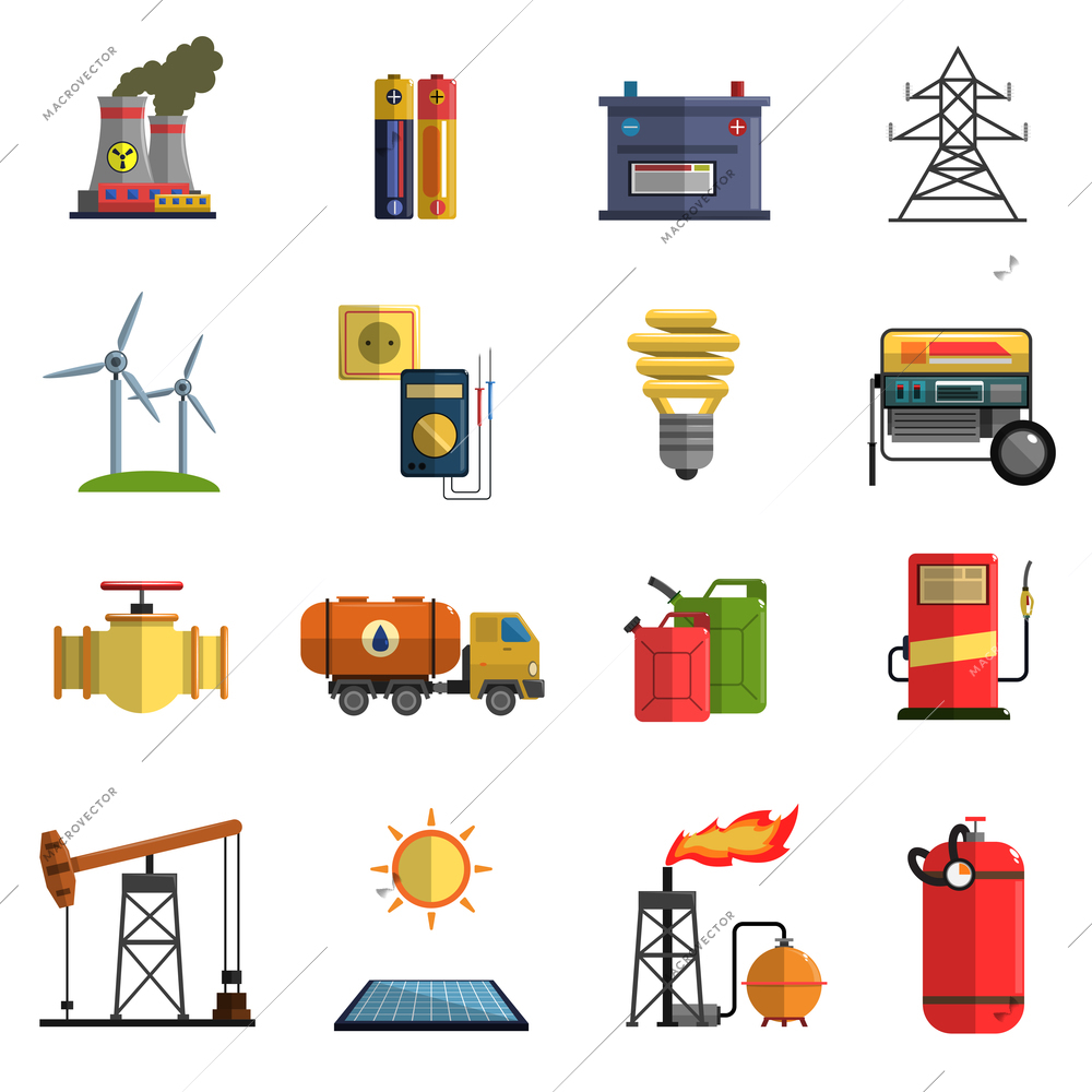 Energy generating and storing systems with high power sustainable batteries flat icons set abstract isolated vector illustration