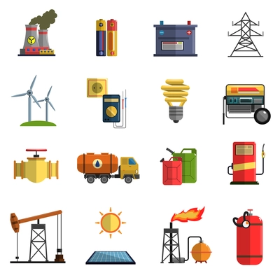 Energy generating and storing systems with high power sustainable batteries flat icons set abstract isolated vector illustration