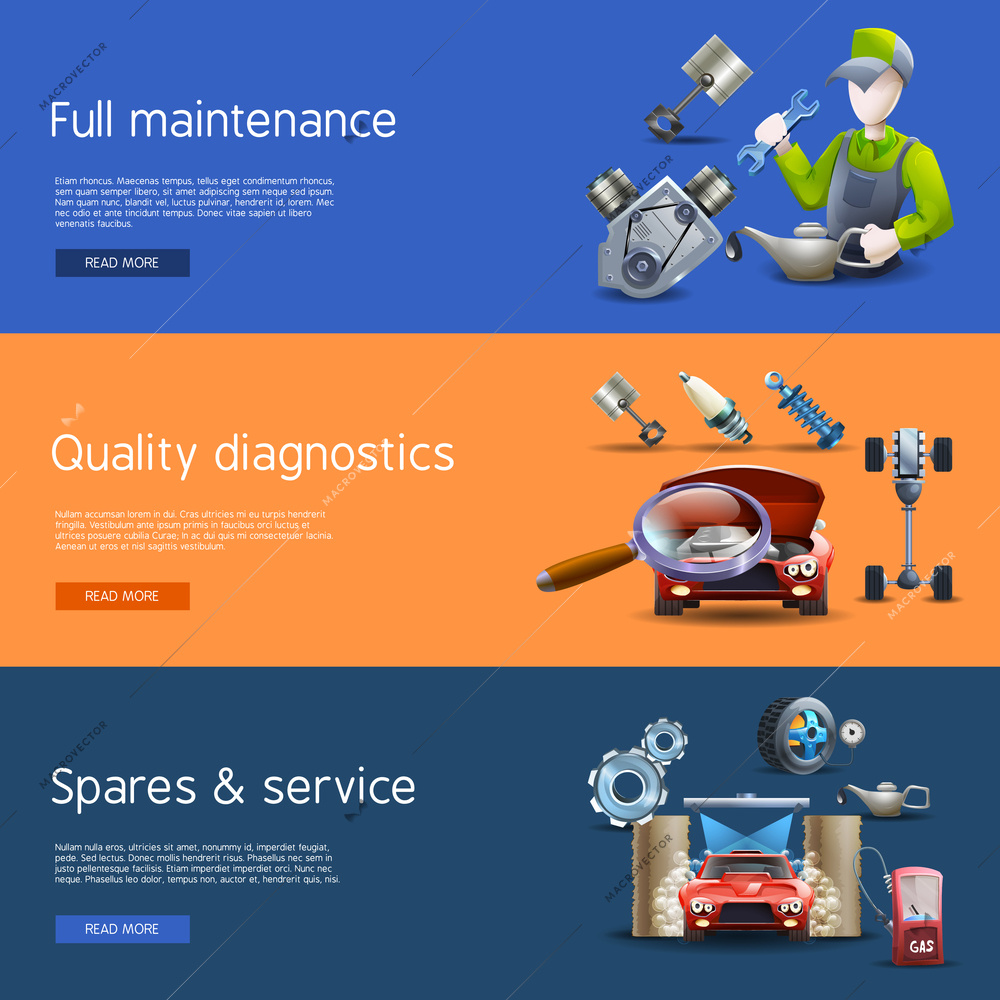 Car repair and diagnostics cartoon horizontal banners set with wash and gas isolated vector illustration