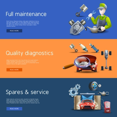 Car repair and diagnostics cartoon horizontal banners set with wash and gas isolated vector illustration