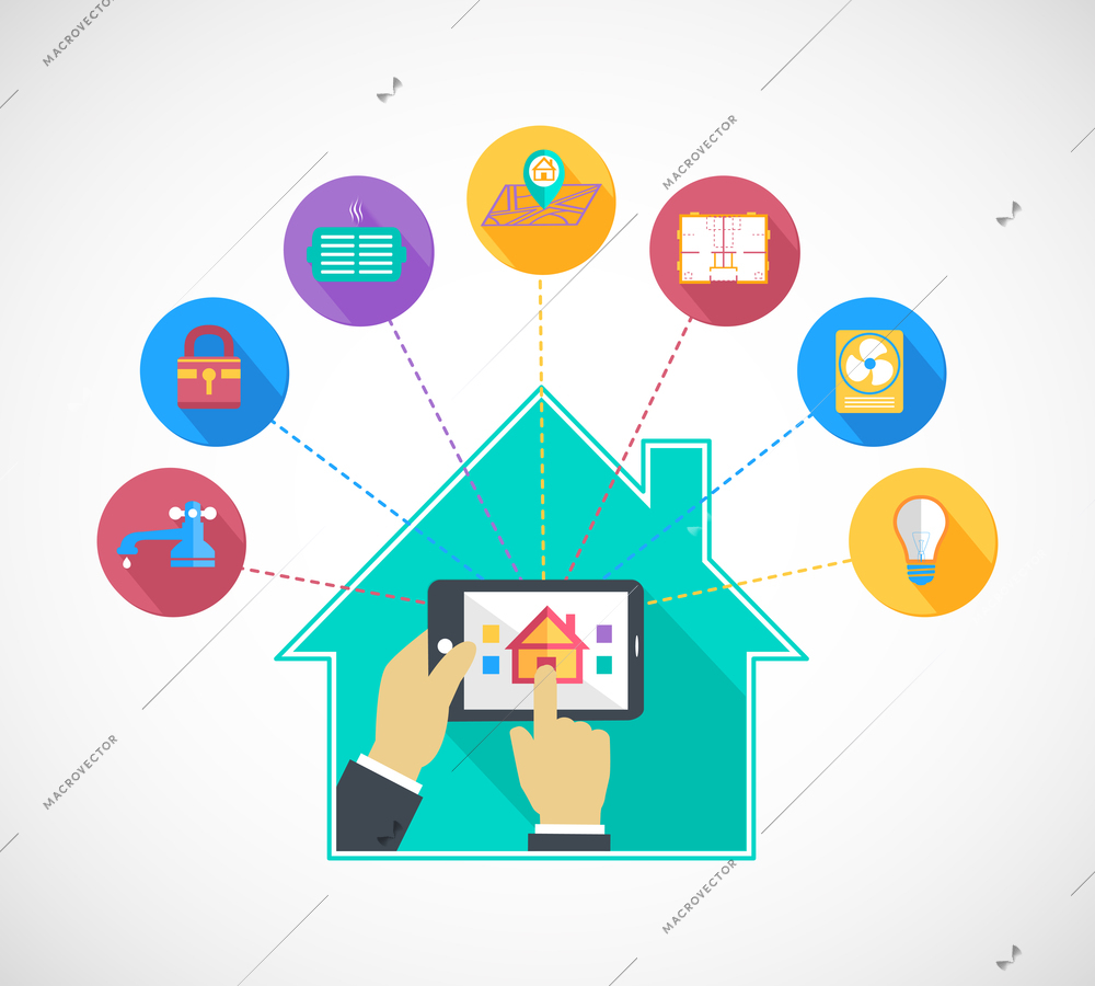 Hand holding mobile phone tablet controls smart home automation technology flat concept vector illustration
