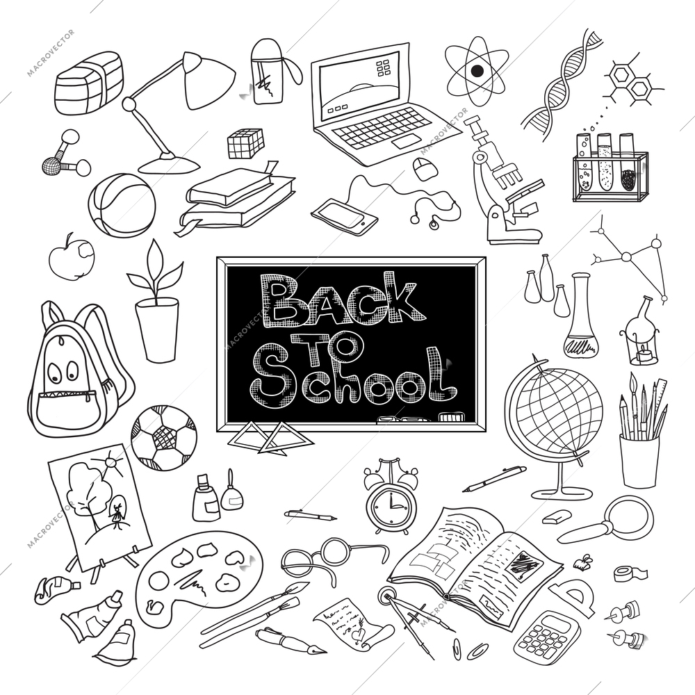 Back to school kit supplies and basic accessories for young scholar poster black doodle abstract vector illustration