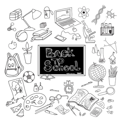 Back to school kit supplies and basic accessories for young scholar poster black doodle abstract vector illustration