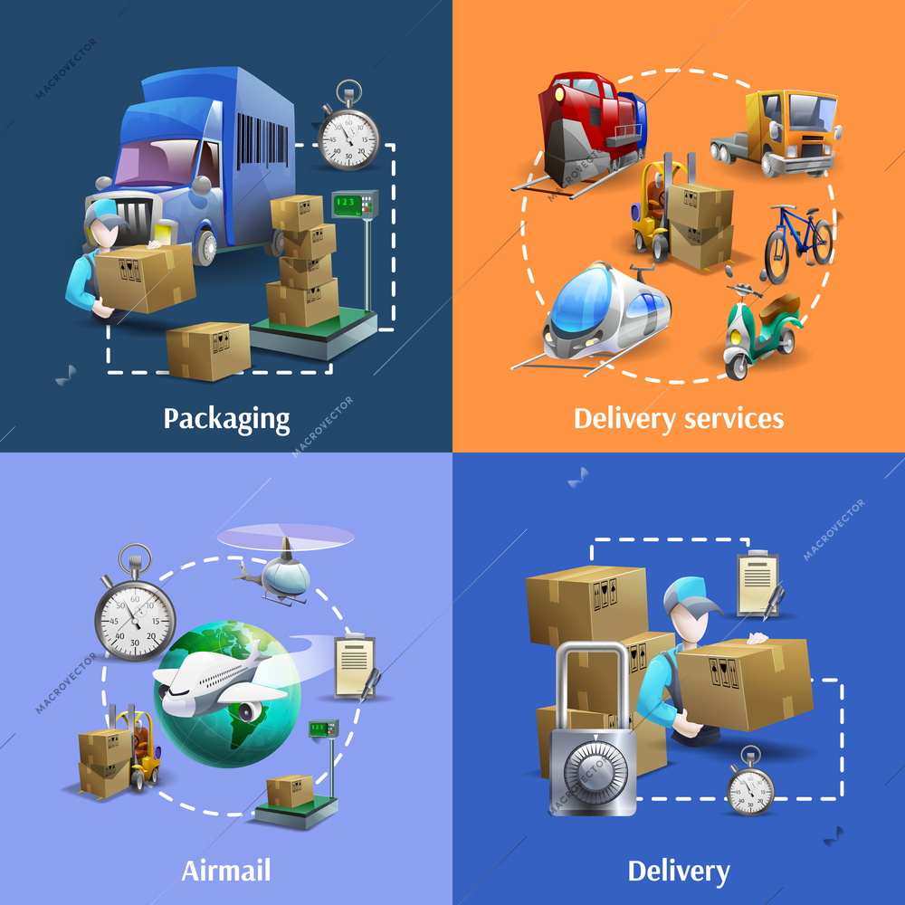 Transportation and delivery cartoon icons set with packaging and mail service isolated vector illustration