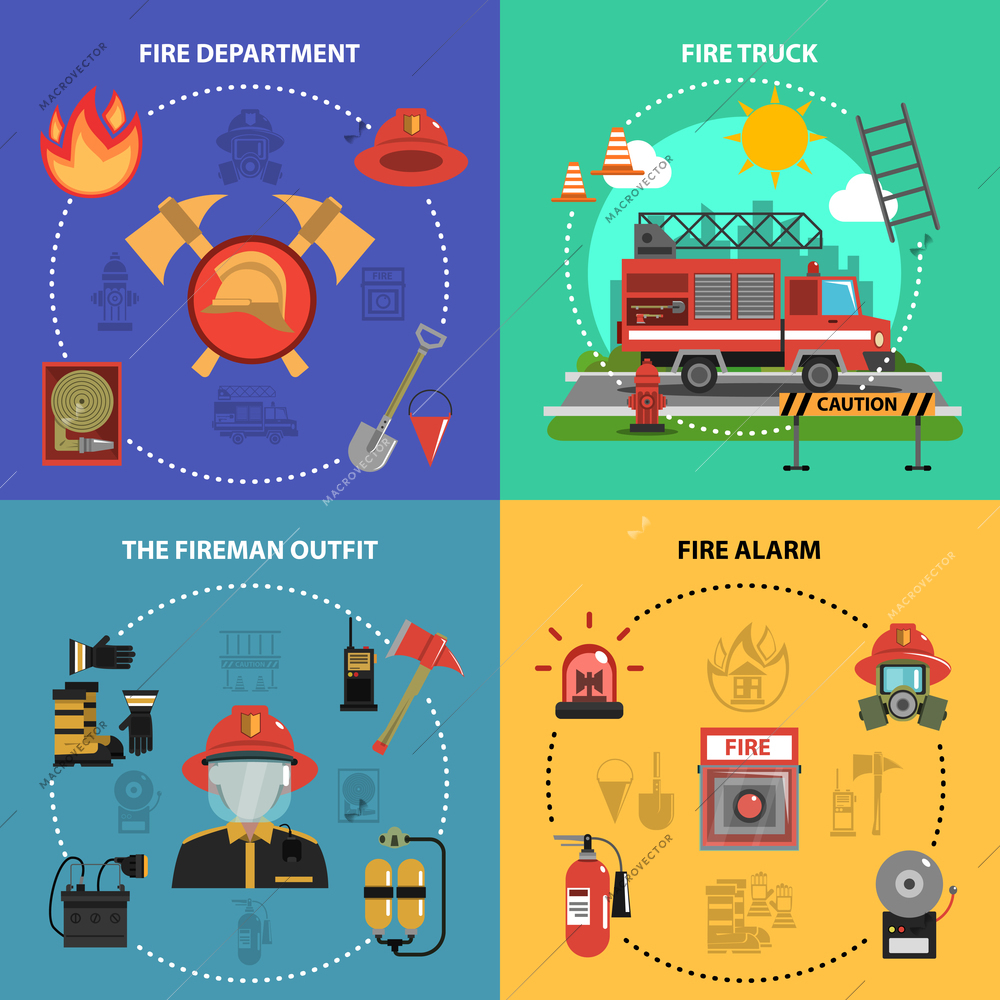 Fire fighting design concept set with fireman truck outfit alarm flat icons isolated vector illustration