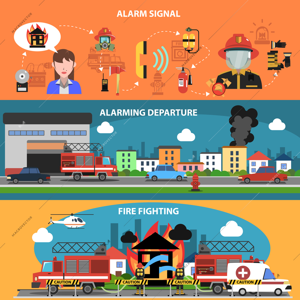 Fire fighting departure horizontal banner set with alarm signal elements isolated vector illustration