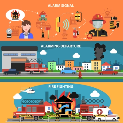 Fire fighting departure horizontal banner set with alarm signal elements isolated vector illustration