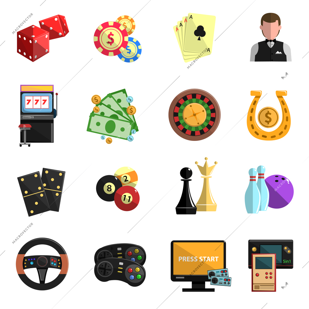 Casino club online for computer gambling games with cards deck flat icons set abstract isolated vector illustration