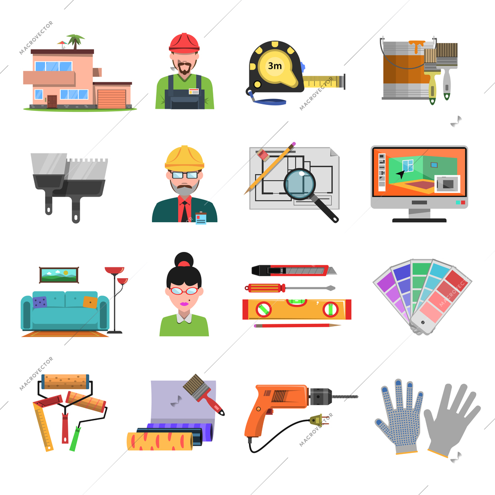 Interior design flat icons with designer and architecture tools isolated vector illustration