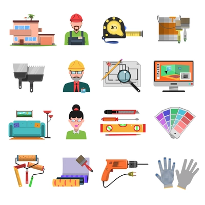 Interior design flat icons with designer and architecture tools isolated vector illustration