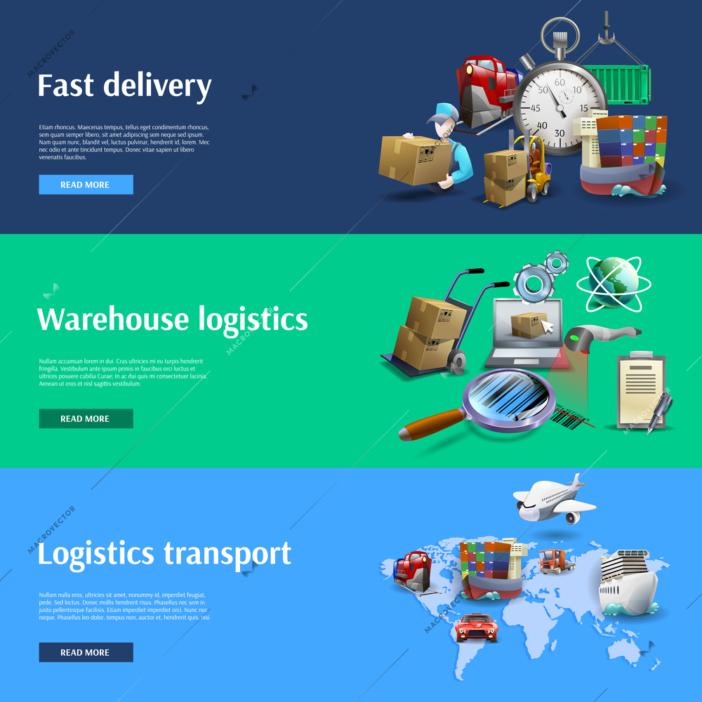 Transportation and logistics horizontal banners set with fast delivery cartoon isolated vector illustration