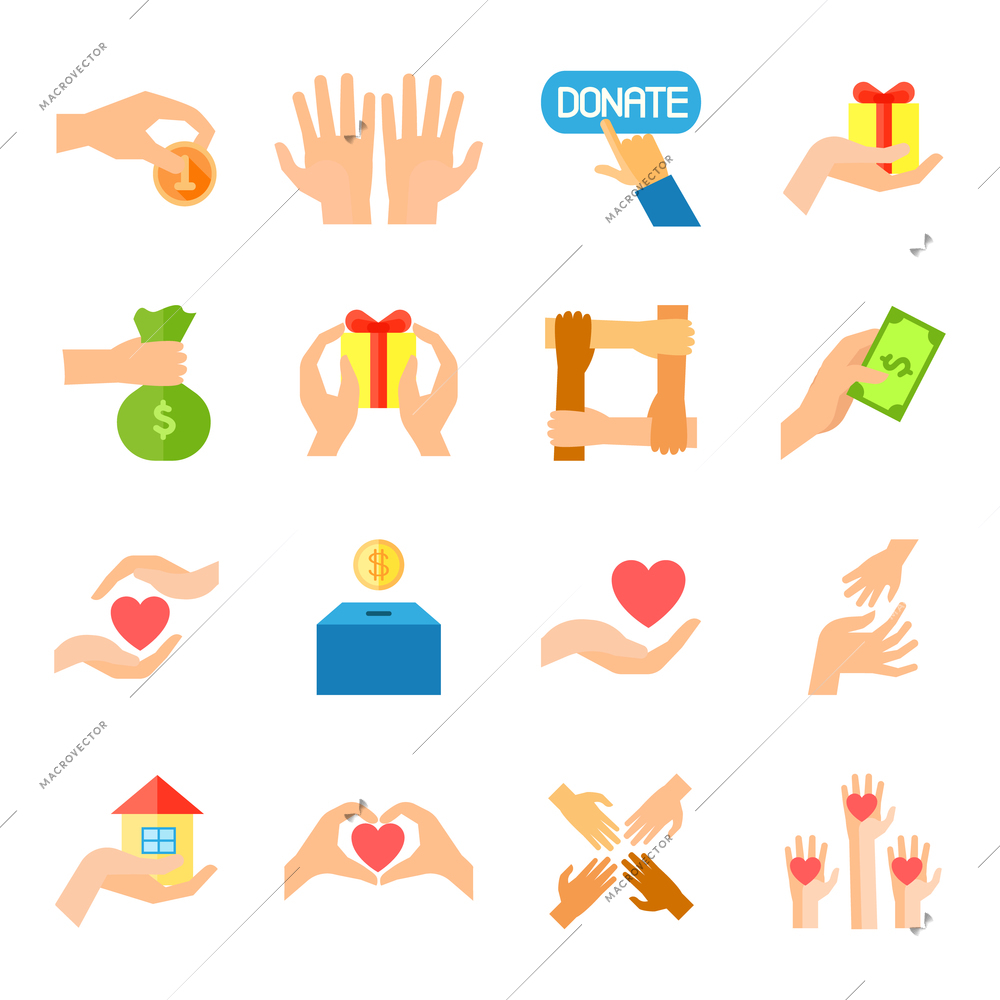 Donate given or charity and assistance help or aid flat color icon set isolated vector illustration