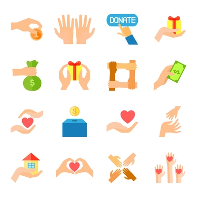 Donate given or charity and assistance help or aid flat color icon set isolated vector illustration