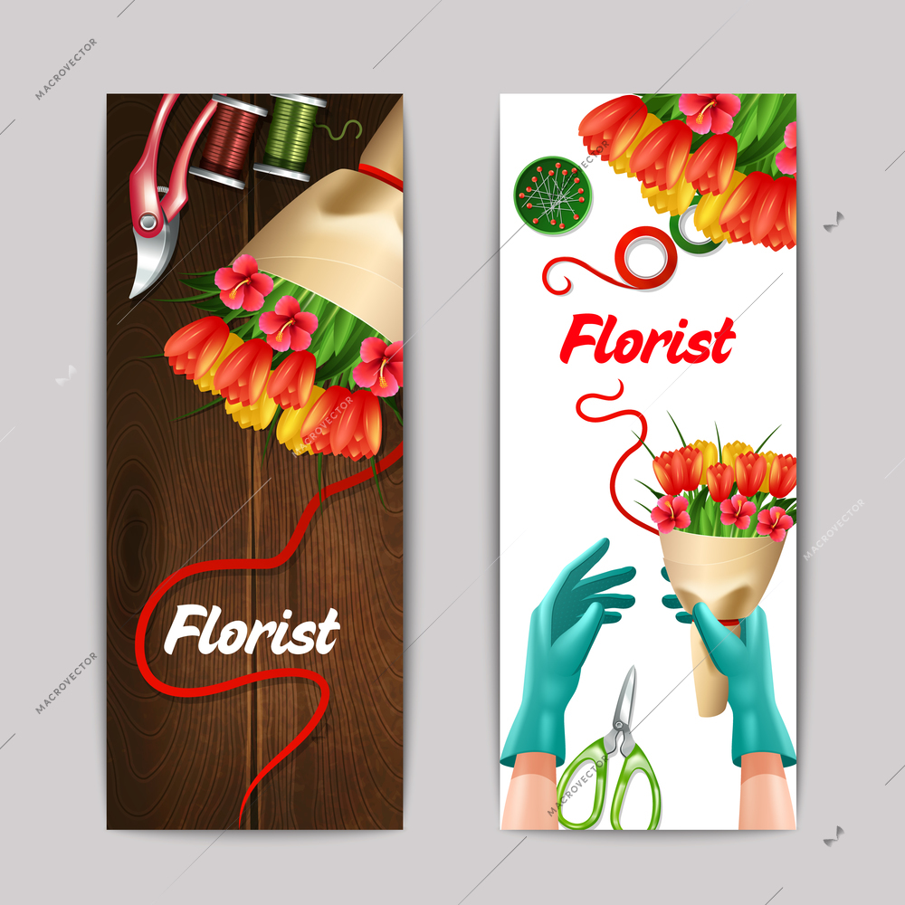 Bunch of flowers with florist text and equipment colorful vertical banner set isolated vector illustration