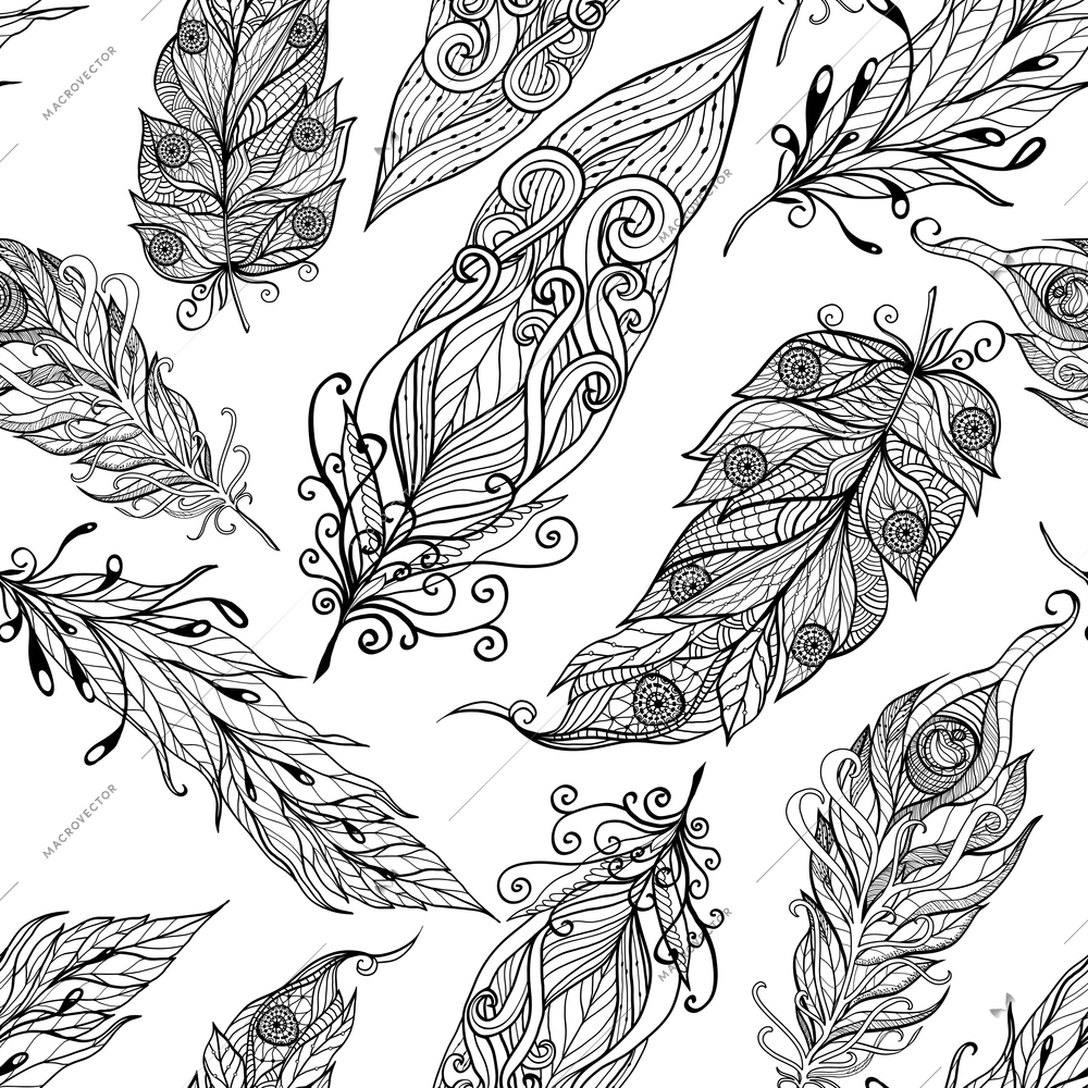 Decorative ancient magic symbol and trendy embellishment element bird feather doodle style black pattern abstract vector illustration