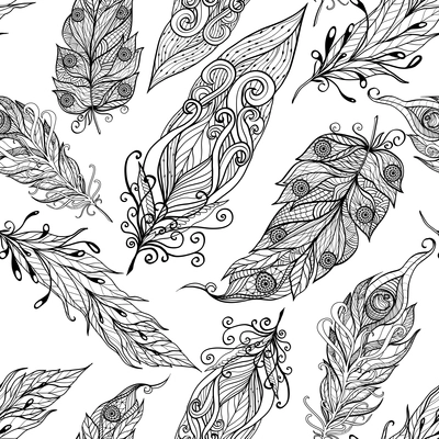 Decorative ancient magic symbol and trendy embellishment element bird feather doodle style black pattern abstract vector illustration