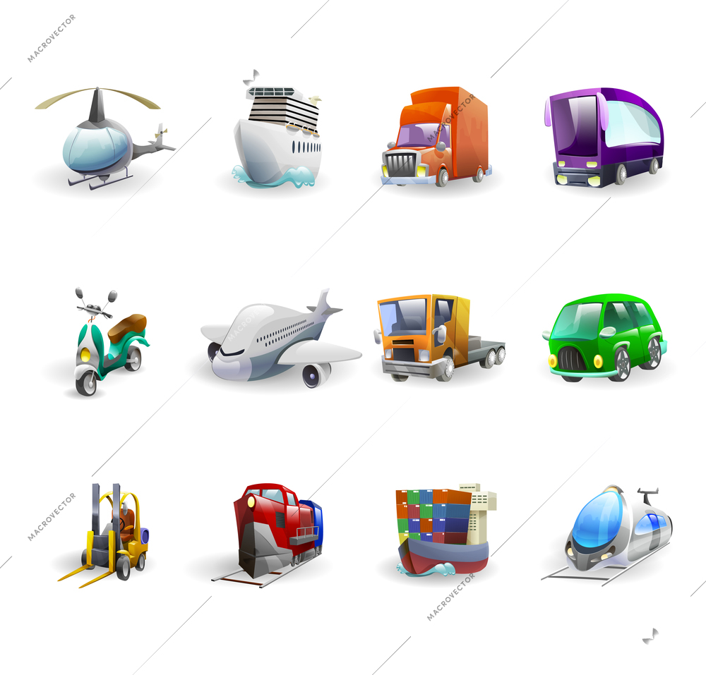 Transport and delivery cartoon icons set with cargo ship plane car and bus isolated vector illustration