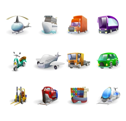 Transport and delivery cartoon icons set with cargo ship plane car and bus isolated vector illustration