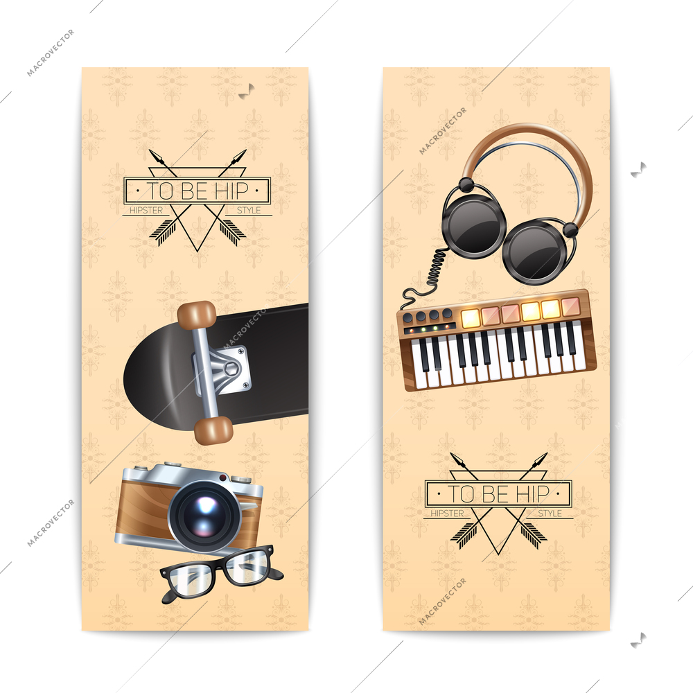 Hipster vertical banner set with fashion hip accessories isolated vector illustration