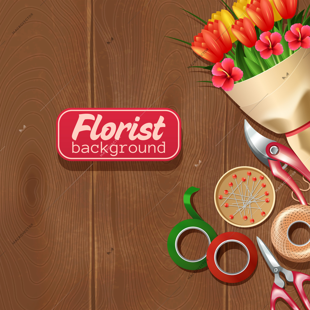 Florist equipment and flowers bunch on wooden background vector illustration