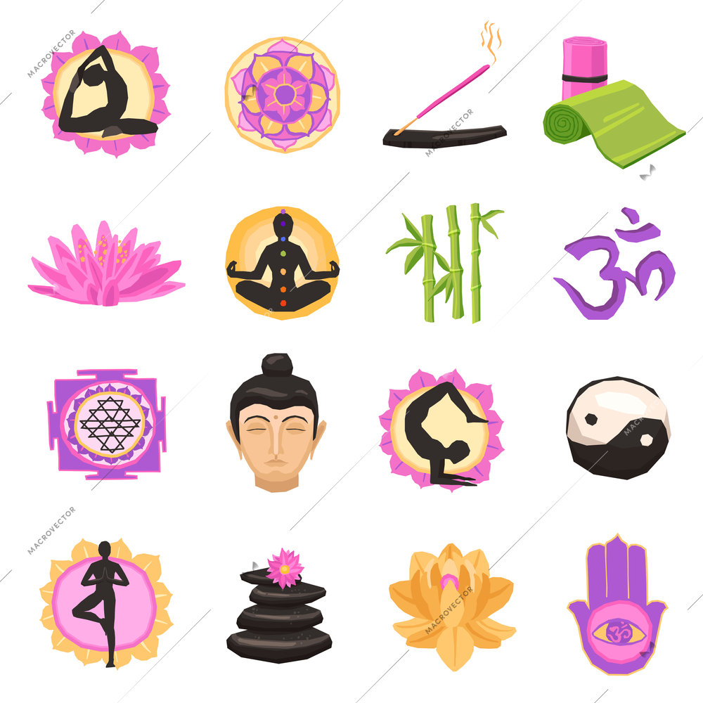 Yoga and alternative wellness therapy and body treatment icons set isolated vector illustration