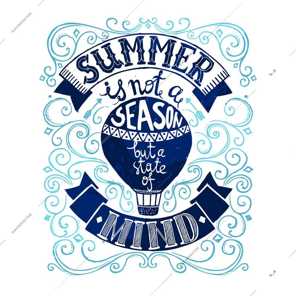 Summer postcard template with blue balloon on abstract sketch ornament background vector illustration