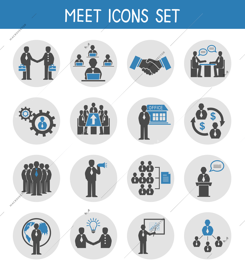 Flat business people meeting icons set of management and leadership isolated vector illustration