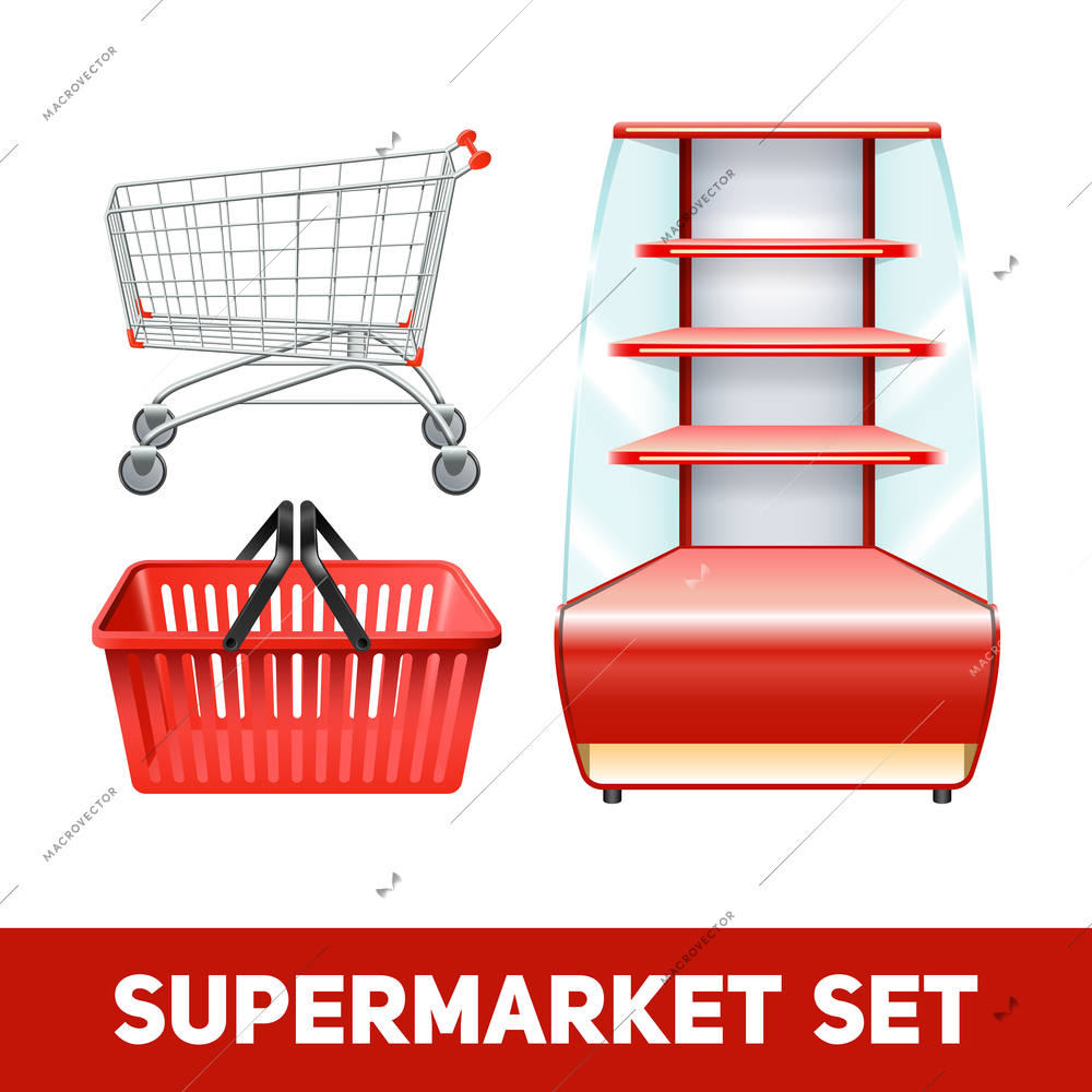 Supermarket realistic set with empty shelves basket and trolley isolated vector illustration