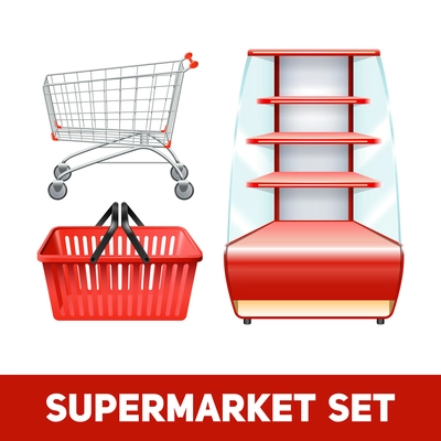 Supermarket realistic set with empty shelves basket and trolley isolated vector illustration