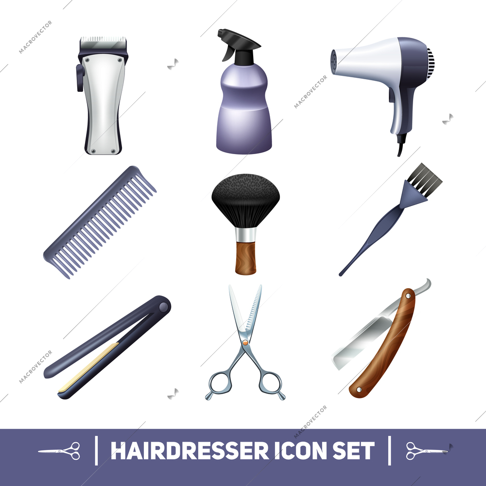 Hairdresser accessories and barber profession equipment icons set with isolated vector illustration