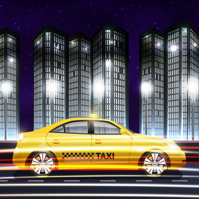 Moving yellow taxi car on night city background vector illustration