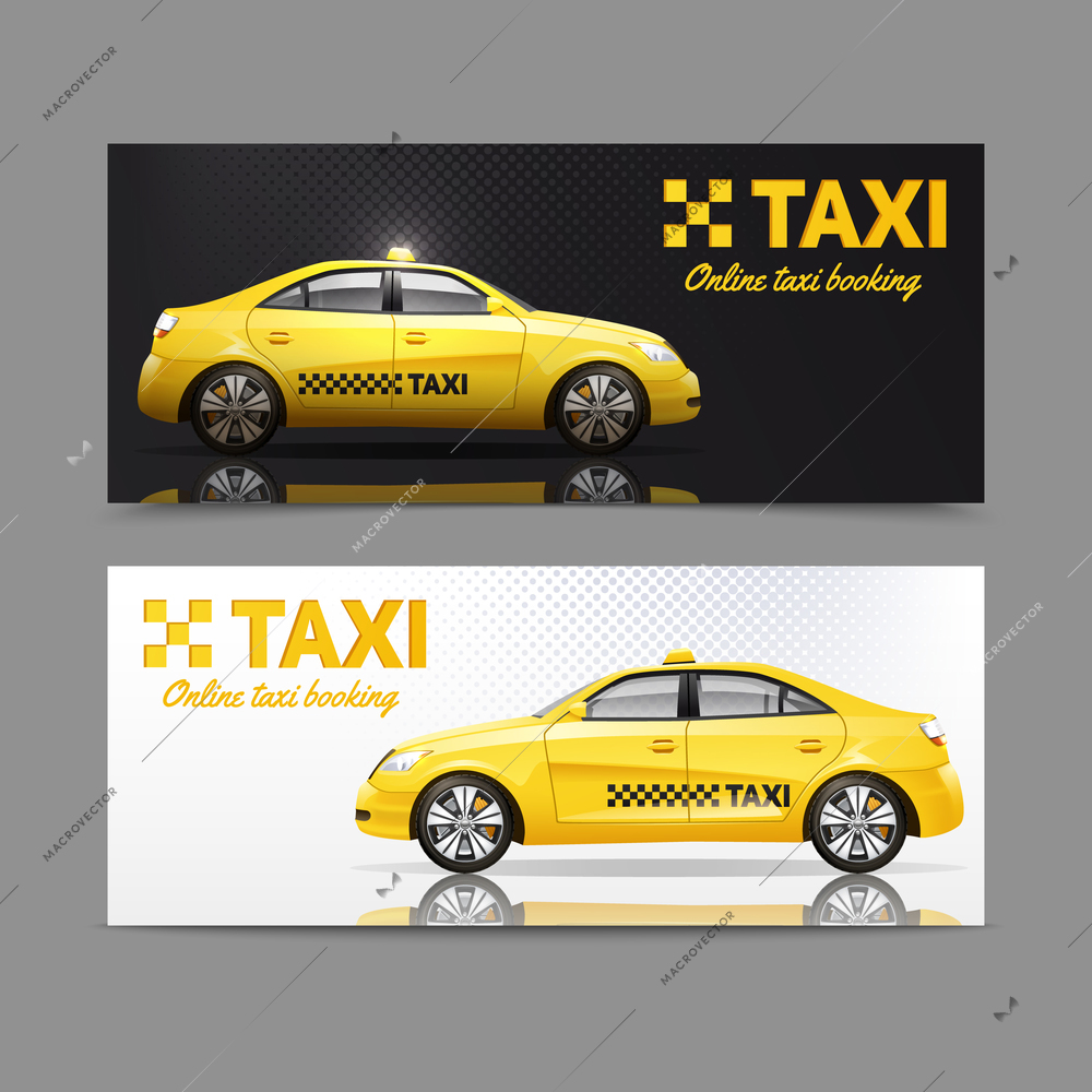 Taxi service horizontal banner set with yellow cars with reflection isolated vector illustration