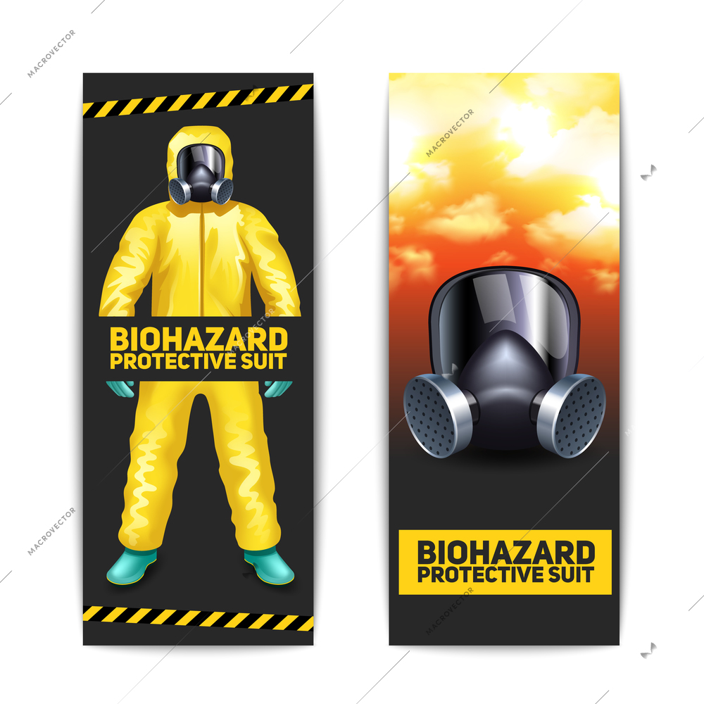 Biohazard vertical banners set with worker in protective suit and goggles isolated vector illustration