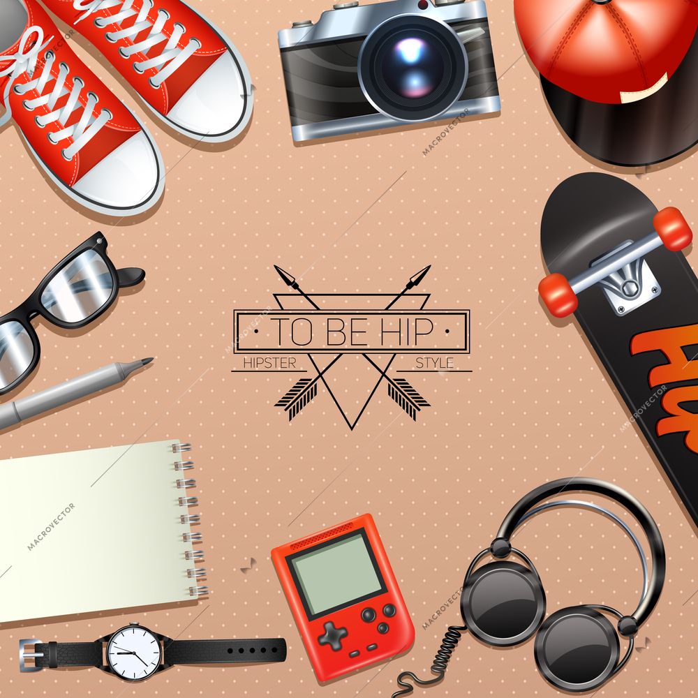 Hipster background with fashion symbols and modern accessory vector illustration