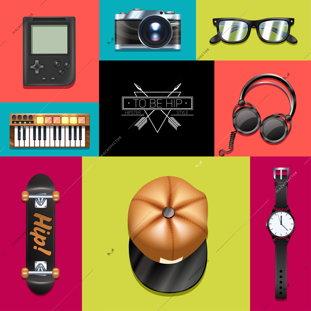 Hipster decorative icons set with retro photo camera headphones wrist watch isolated vector illustration