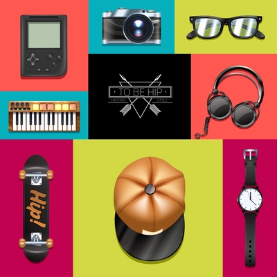 Hipster decorative icons set with retro photo camera headphones wrist watch isolated vector illustration