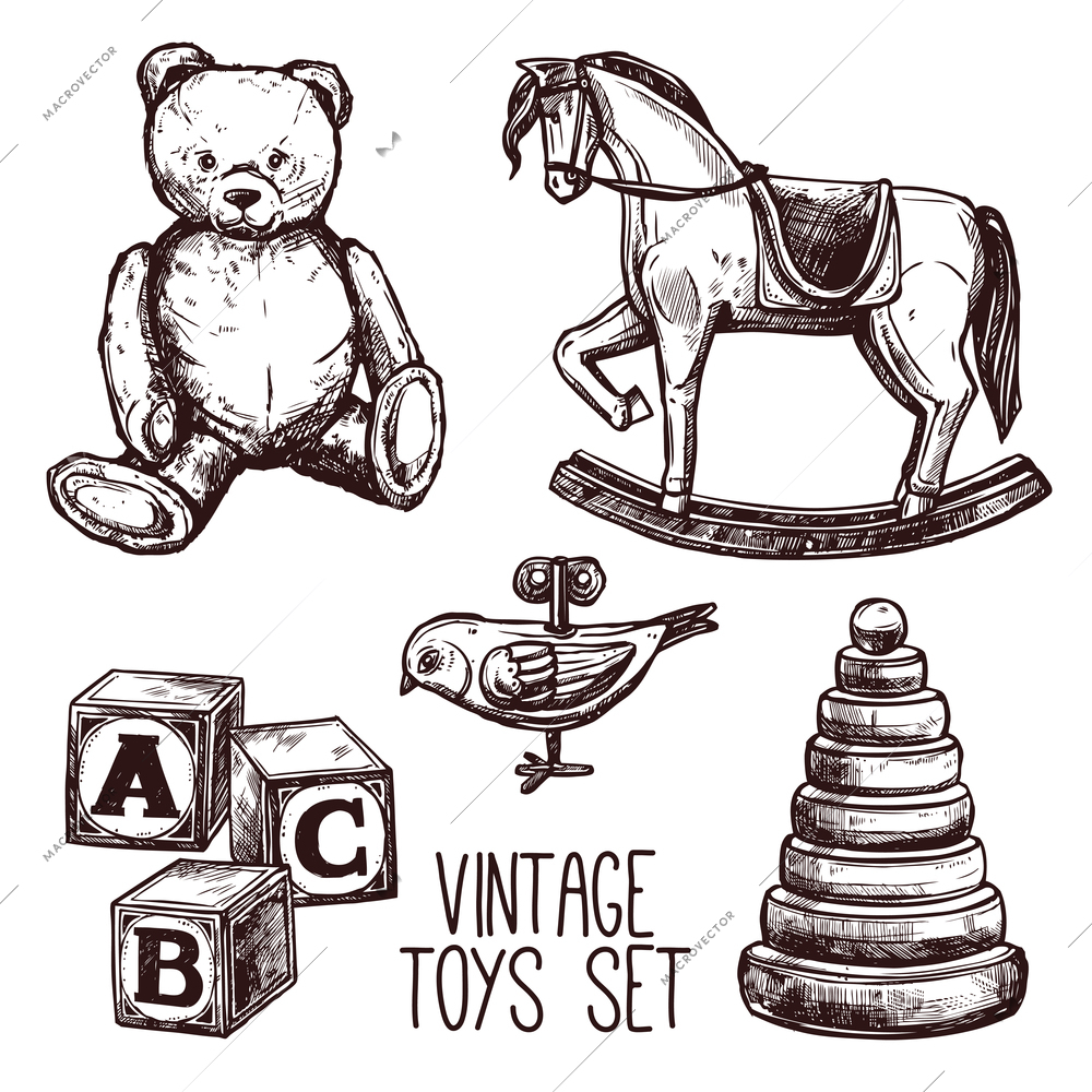 Vintage toys set with sketch teddy bear rocking horse and pyramid isolated vector illustration