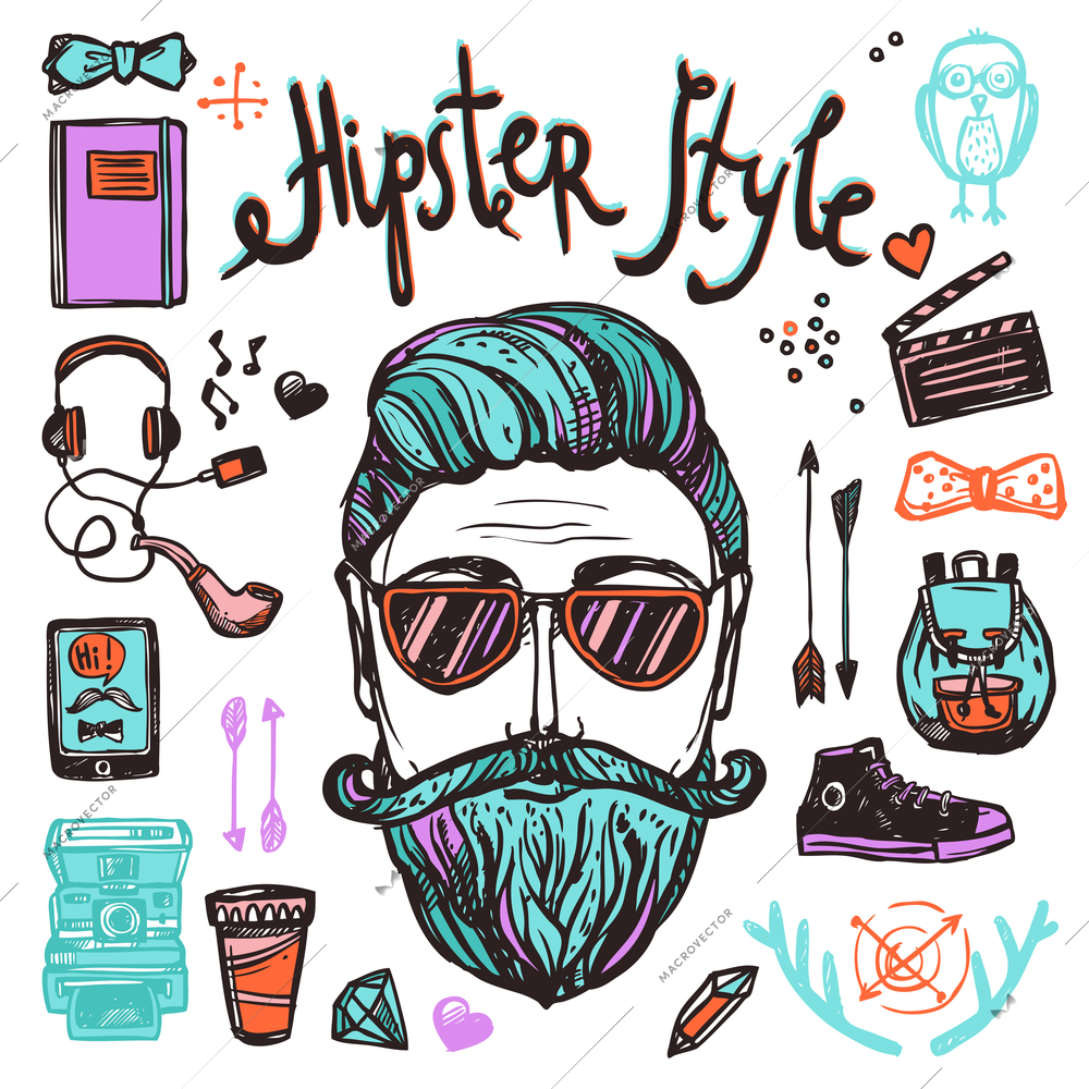 Hipster style cartoon person with accessories attribution and symbols sketch color hand drawn concept vector illustration