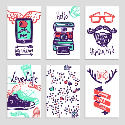 Hipster style attribution accessories and text sketch color vertical banner set isolated vector illustration