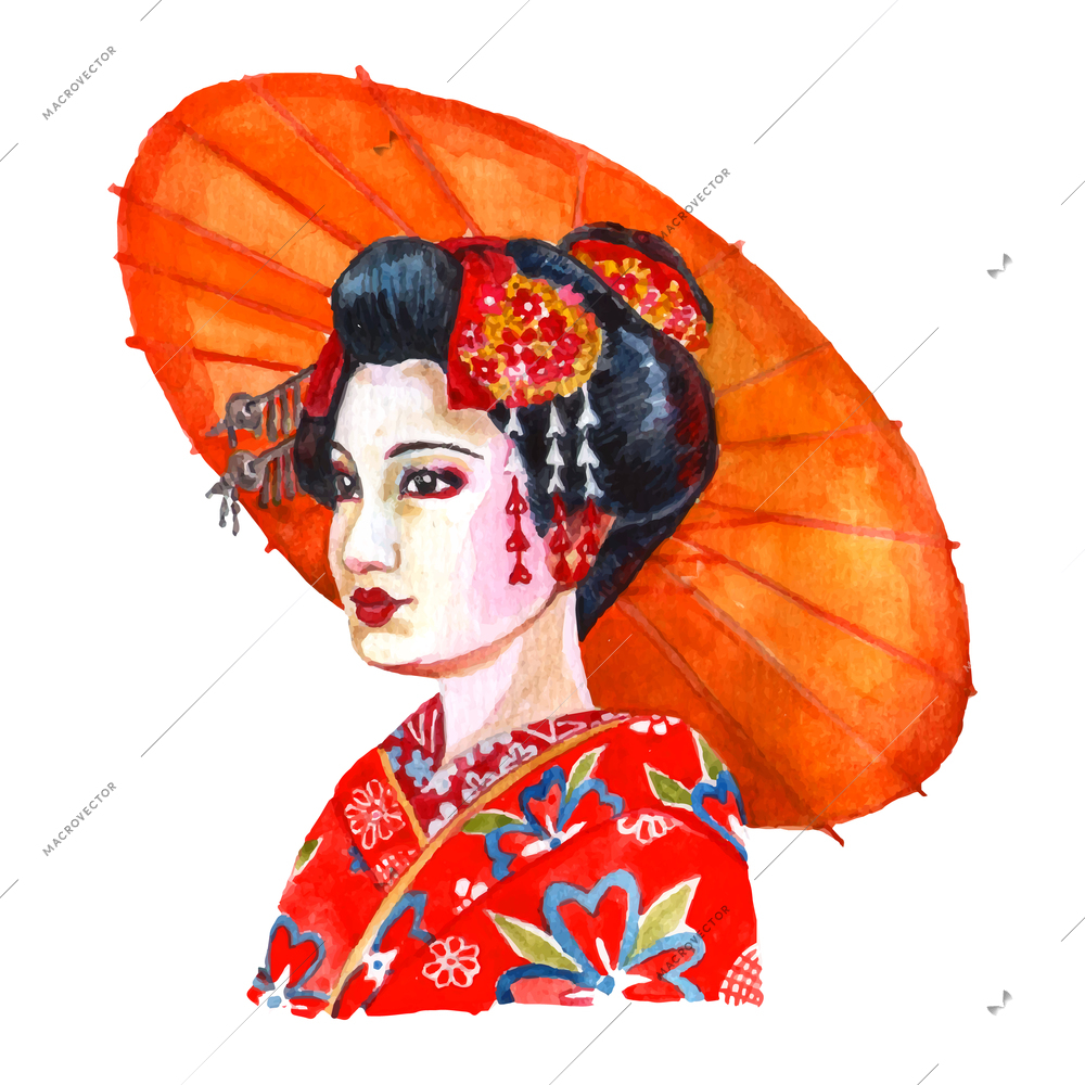 Portrait of beautiful japanese lady in traditional women clothing and hair arrangement red watercolor abstract vector illustration. Editable EPS and Render in JPG format