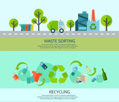 Waste sorting and recycling horizontal banners set with materials and factory flat isolated vector illustration
