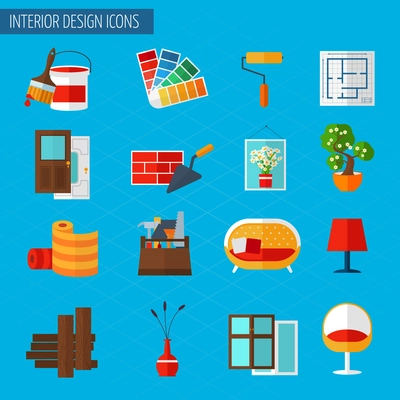 Interior design building repair and interior renovation icons set isolated vector illustration