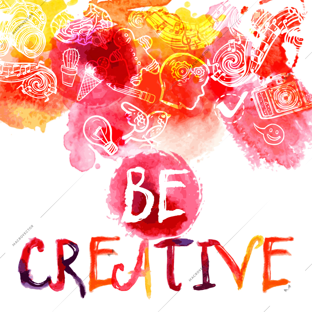 Creativity watercolor concept with be creative lettering and art and logic symbols set vector illustration