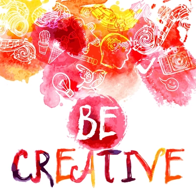 Creativity watercolor concept with be creative lettering and art and logic symbols set vector illustration