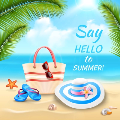 Summer vacation background with beach bag hat and flip-flops on sand realistic vector illustration