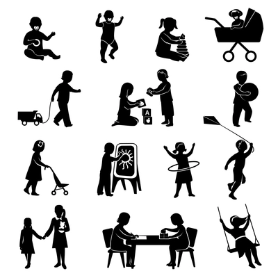 Children black silhouettes playing  active games set isolated vector illustration