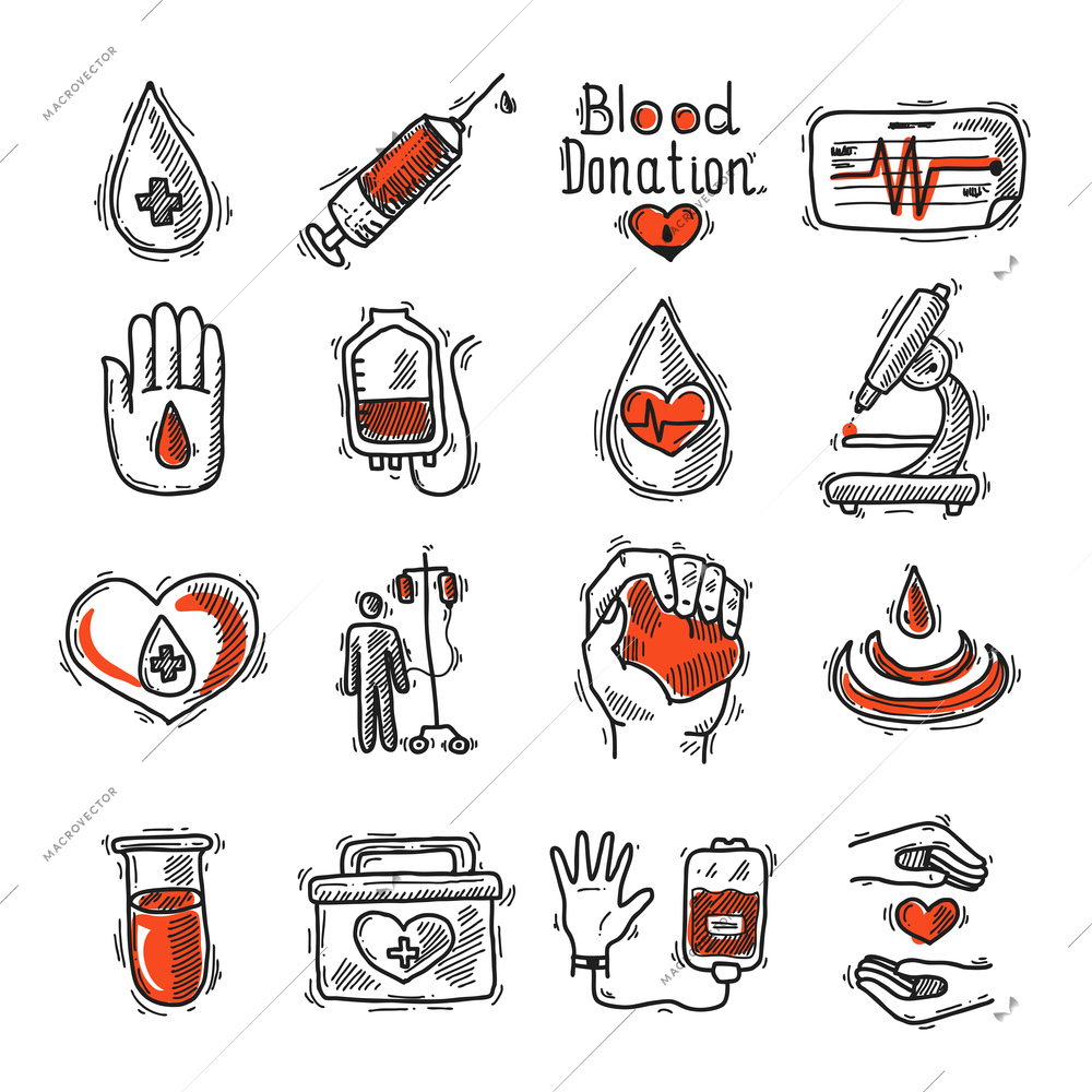 Donor sketch decorative icon set with blood drop syringe and heart rate isolated vector illustration