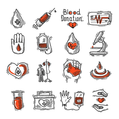 Donor sketch decorative icon set with blood drop syringe and heart rate isolated vector illustration